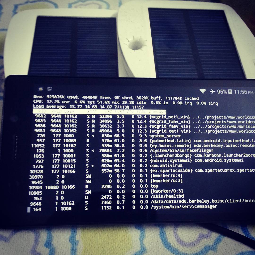 Putting spare android phone to use. Sun powered running 4 tasks on WCG BOINC.
