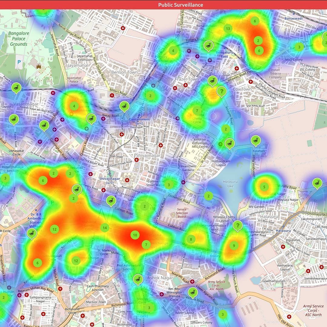 Heatmap of Surveillance in Bengaluru, CBD 
Credit: OSM, MapContrib.